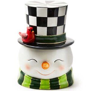 Mackenzie Childs NEW Limited Edition Lge. Cozy Snowman Cookie Jar, Courtly Check